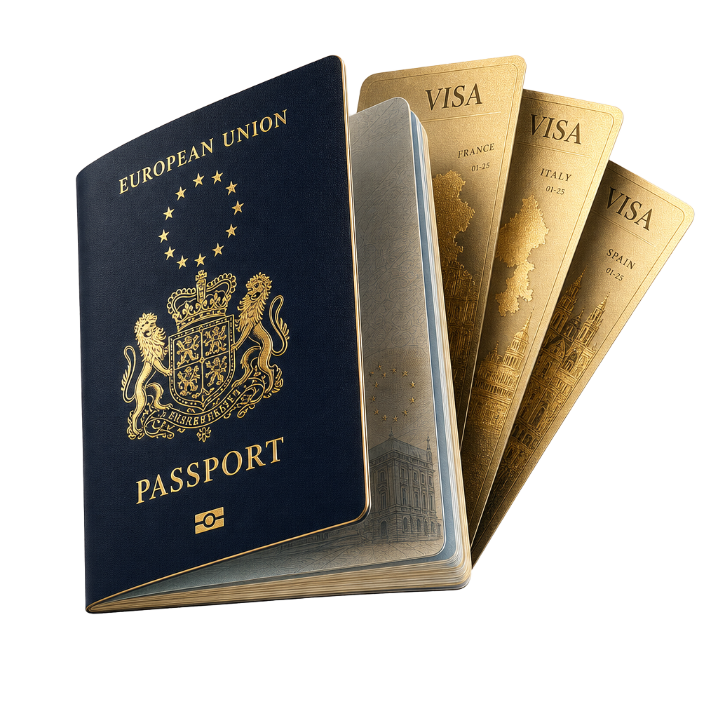 European Union passport with golden visa documents