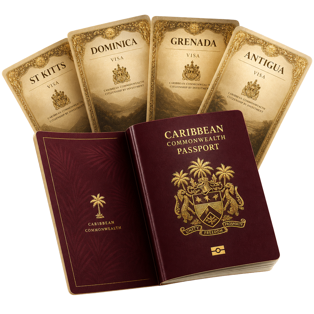 Caribbean Commonwealth passport with visa documents